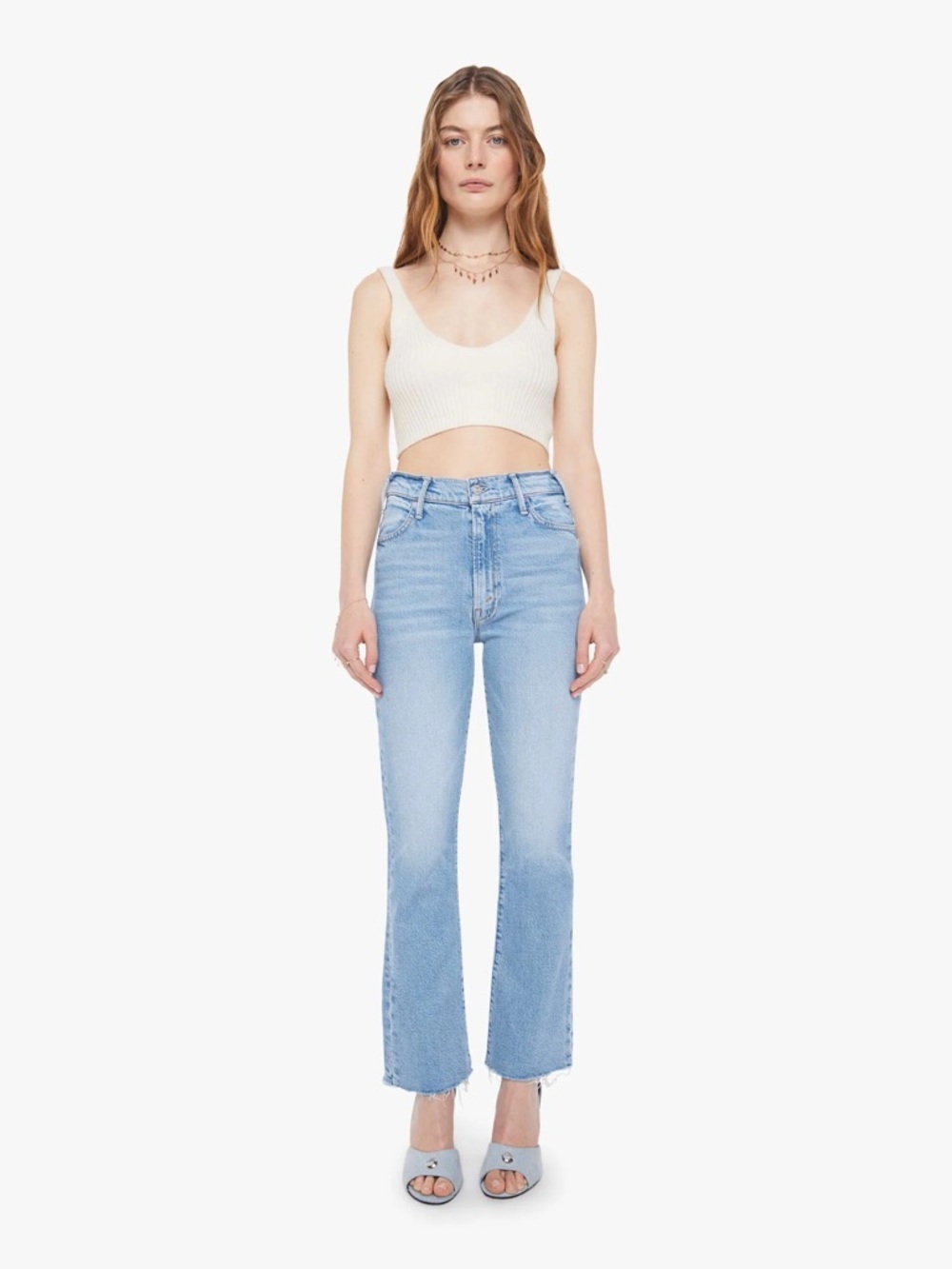 MOTHER The Hustler Ankle Fray Light Blue High-Rise Flare Jeans Size 25
